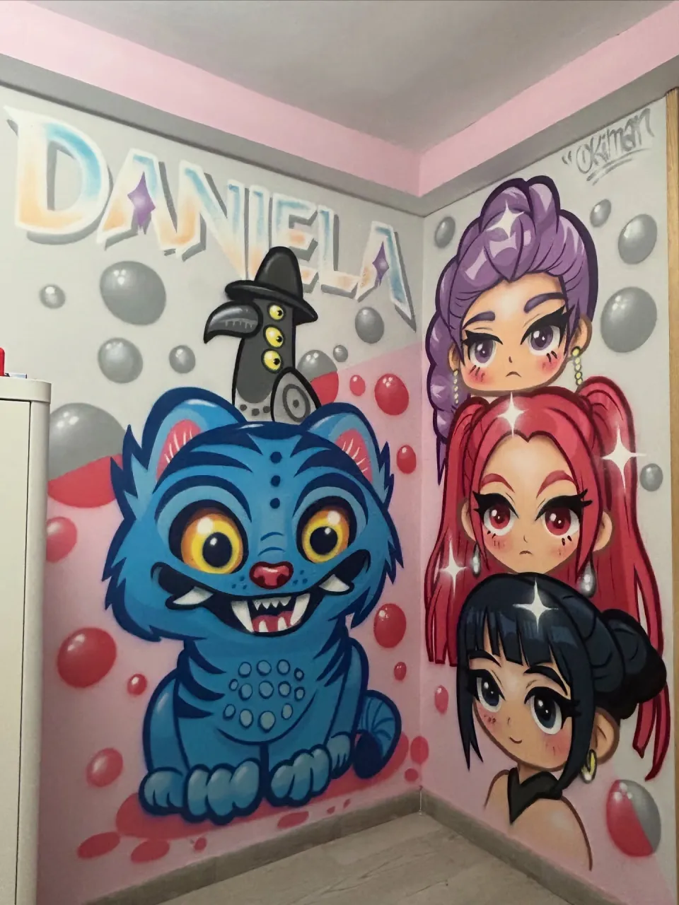 Esquina de una habitación con personajes de manga, un gato azul y el nombre Daniela